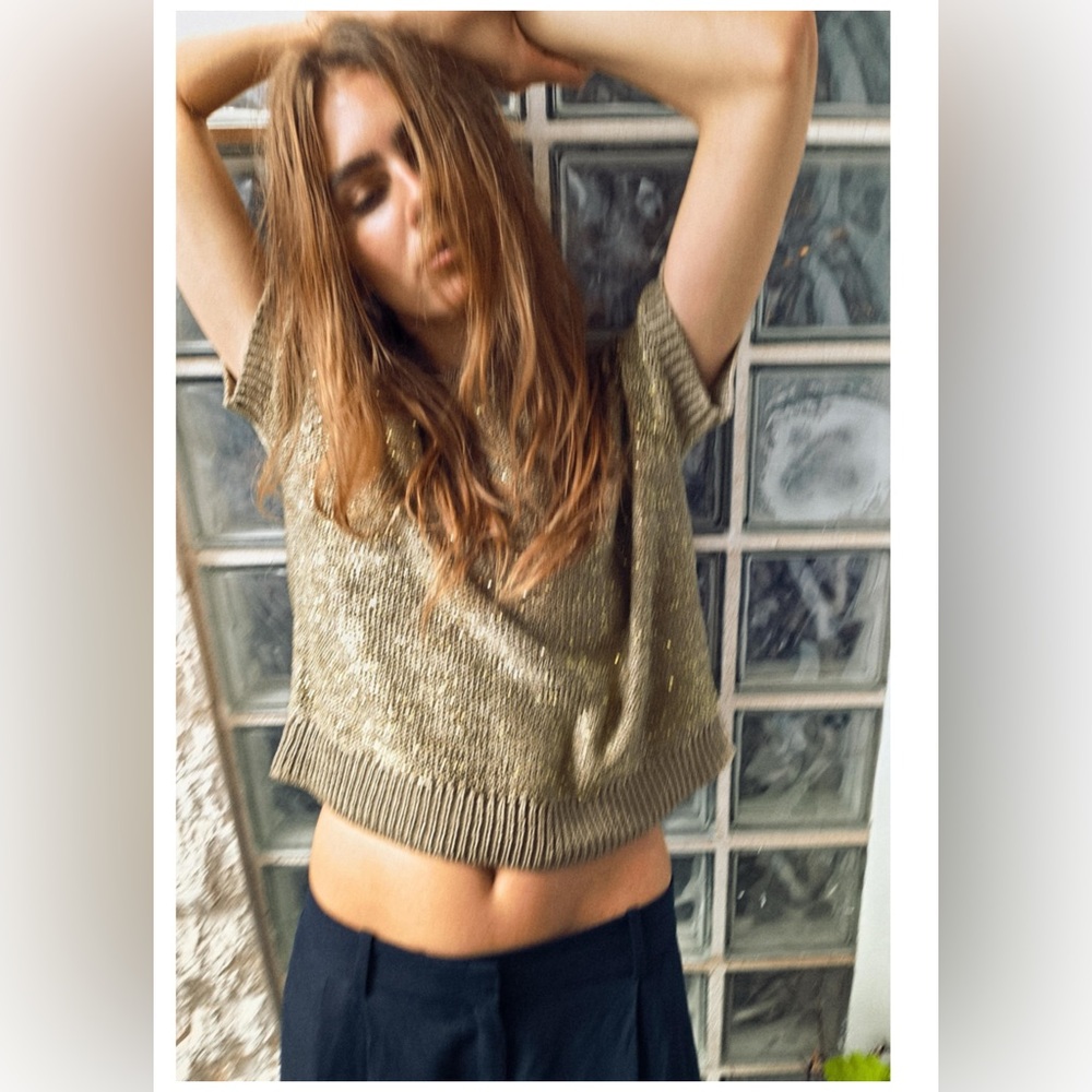 ZARA Green & Gold Knit Short Sleeve Sweater Top Size S